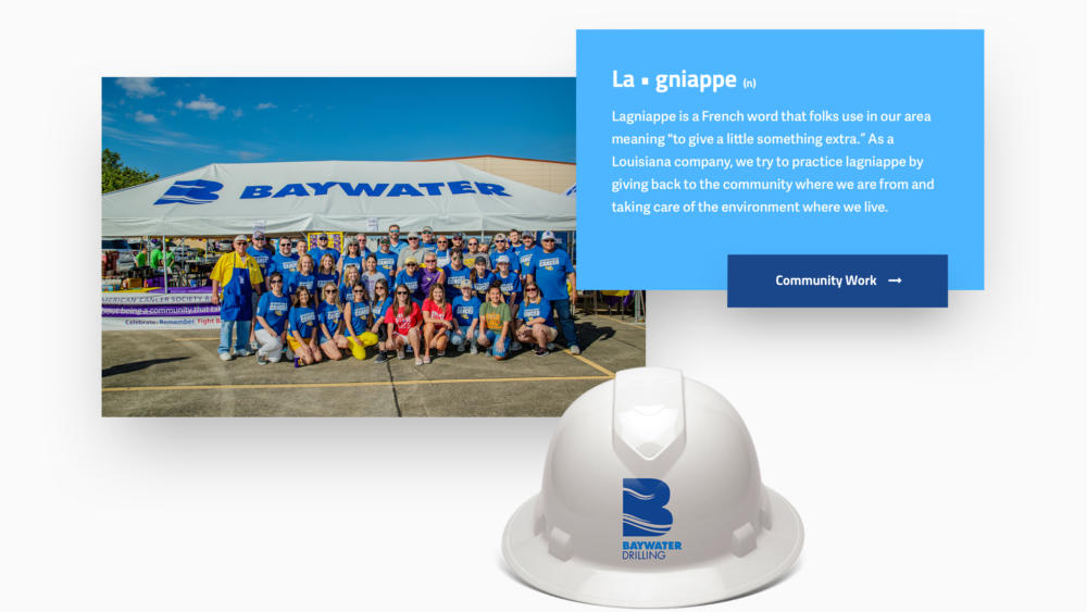 collage showing hard hat, group photo of Baywater employees, and website screenshot