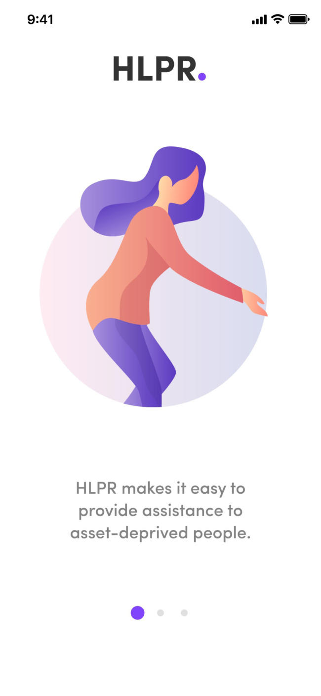 screenshot of hlpr app onboarding 1 of 3