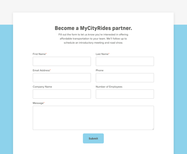 The MyCityRides partner form.